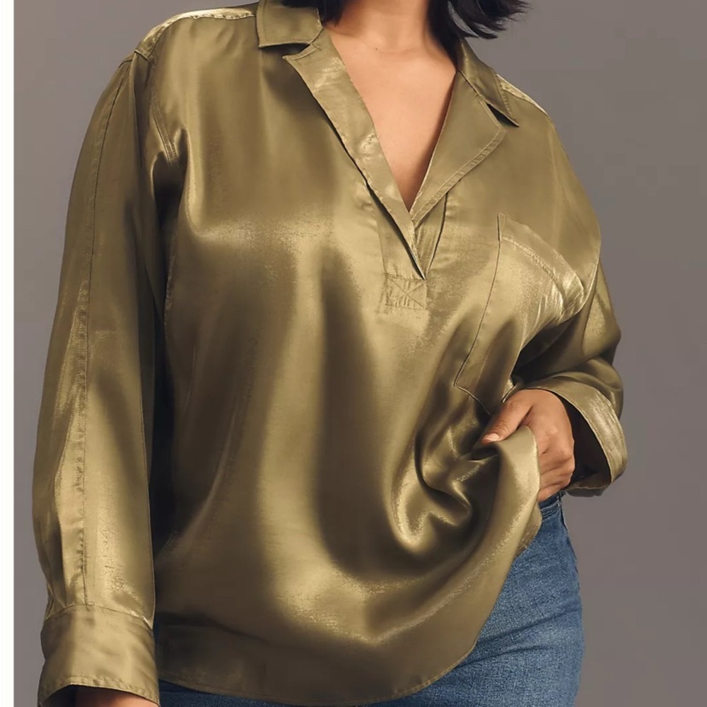 Pilcro Anthropologie long sleeve shine Olive Satin Blouse size M